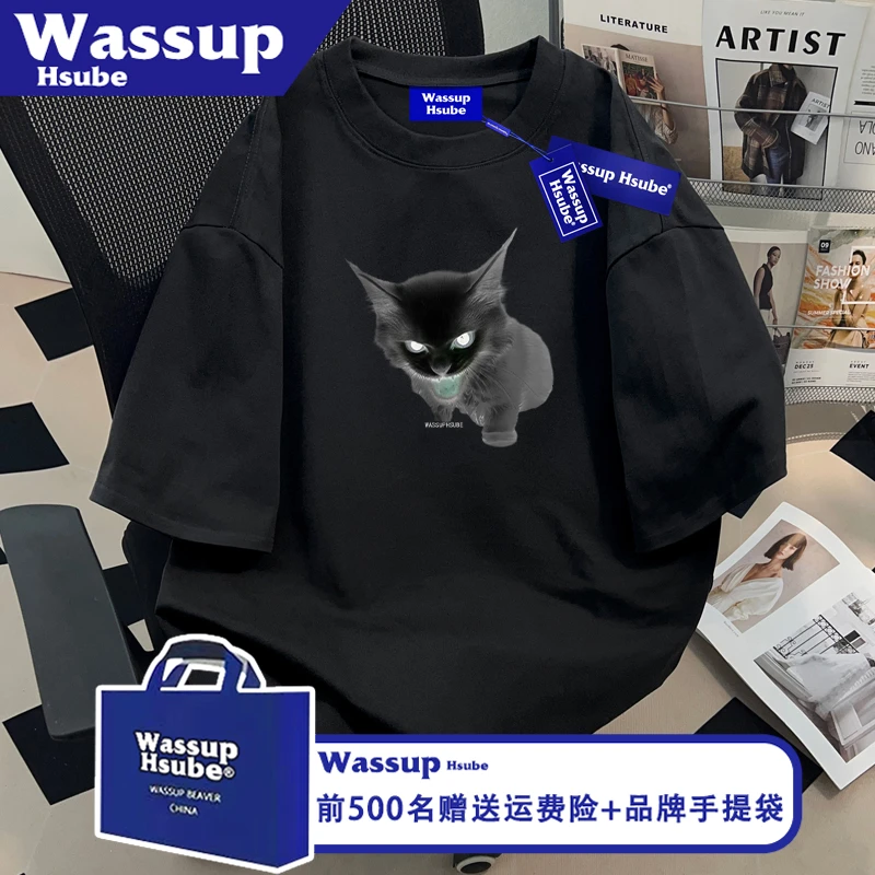 WASSUP HSUBE国潮潮酷猫咪印花短袖ins男女同款黑色T恤夏纯棉半袖