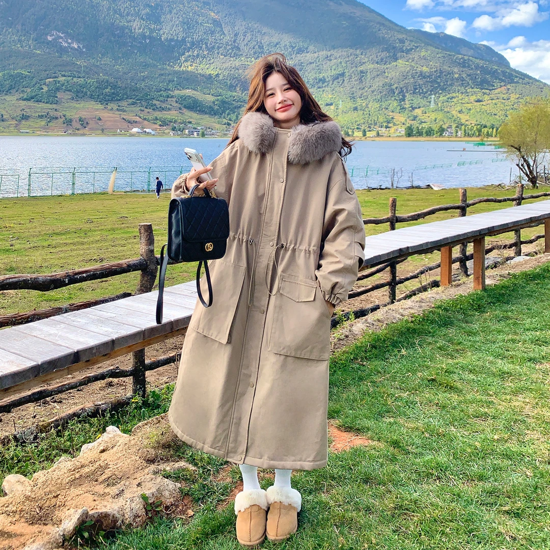 卡其色大毛领派克服女长款2025新款高级感加绒加厚工装棉衣棉服女