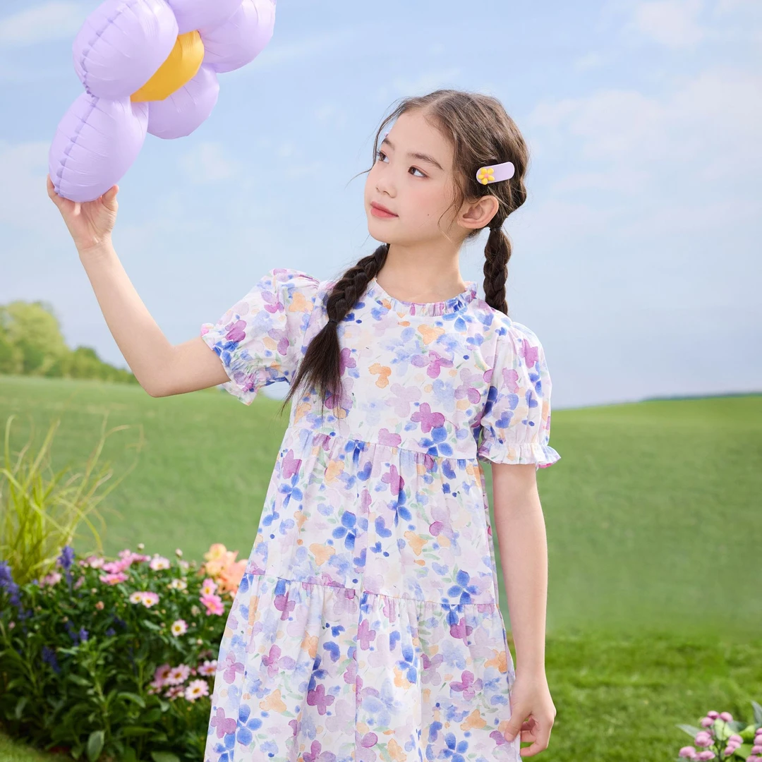 小茵曼女童碎花连衣裙时尚2025秋季女孩印花甜美裙子GO3852116
