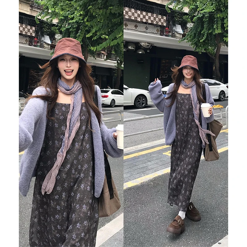 MARIE.COCO秋季新款紫色飘带软糯毛衣外套女碎花吊带连衣裙套装