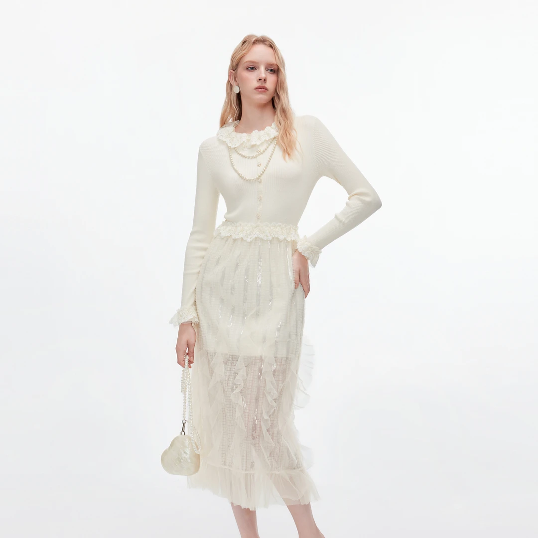 MISSCOCOON可可尼白色针织打底裙女2025冬季新款千金风拼接连衣裙