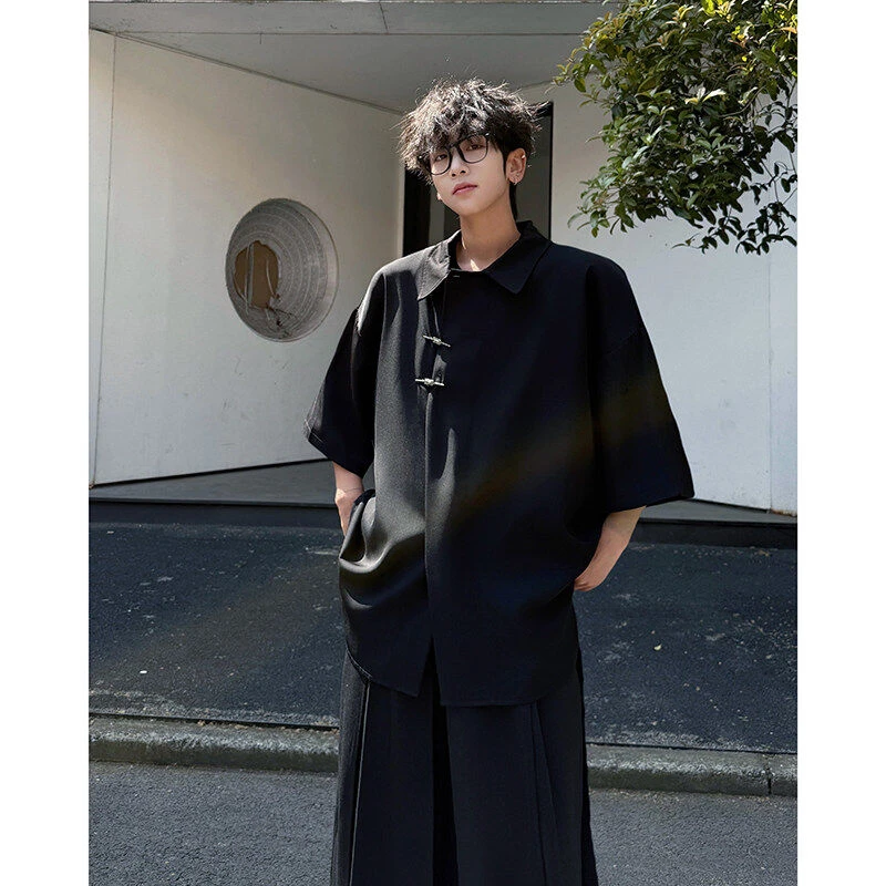 新中式国风早秋长袖袖衬衫男高级感痞帅酒红色外套男加肥加大码