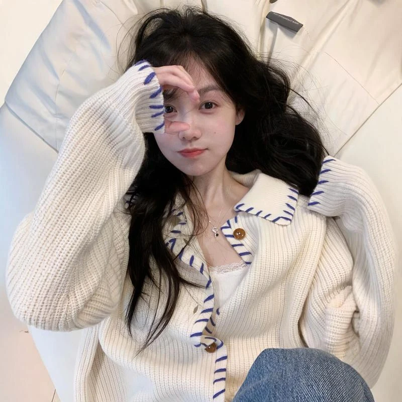 撞色设计感坑条翻领长袖毛衣外套秋季新款慵懒风宽松针织衫上衣女