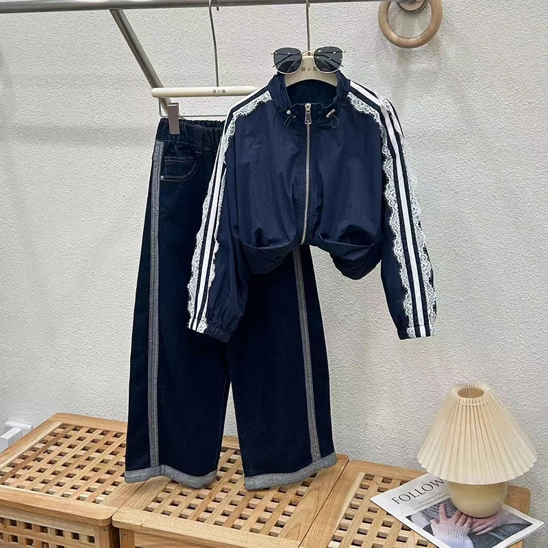 女童春季套装2025新款儿童阔腿牛仔裤两件套时髦外套大童洋气童装