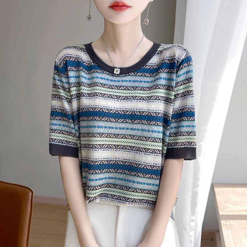 品牌撞色彩条短袖显瘦洋气夏季百搭时尚薄款条纹