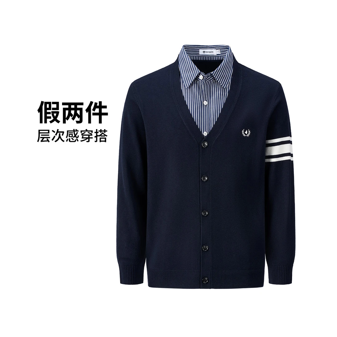 [假两件]navigare意大利小帆船衬衫领条纹针织衫男秋冬百搭上衣