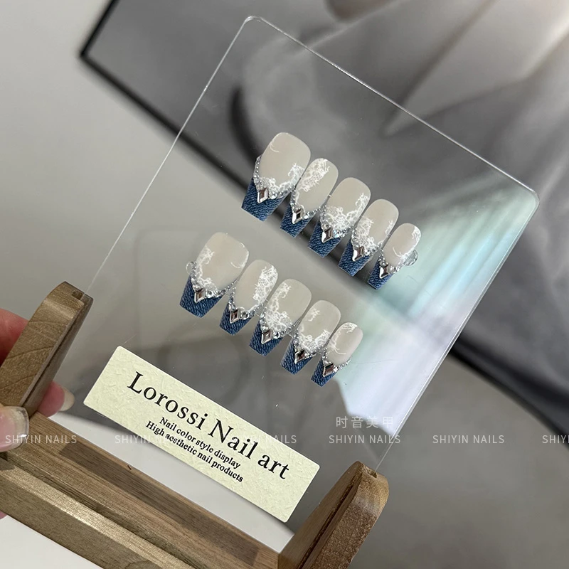 成品穿戴甲法式牛仔蕾丝美甲中长梯形蓝色轻奢显白高级感指甲贴片