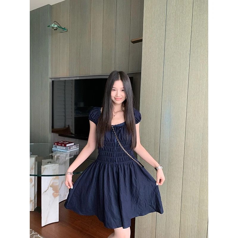 王少女的店 深蓝色修身显瘦方圆领裙子夏季泡泡袖连衣裙L35487S52