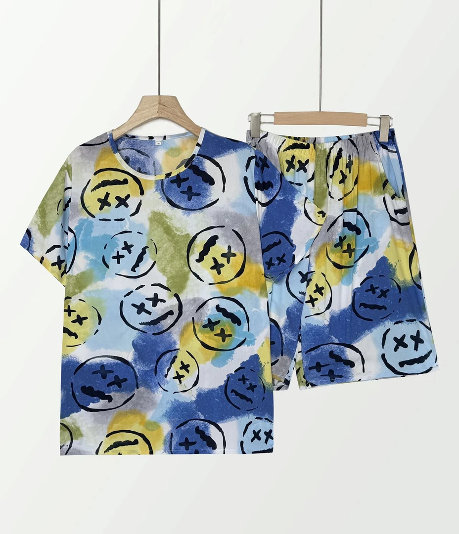 男士短裤套装（不退不换）【细纱人造棉】男士棉绸墨染印花套装运动