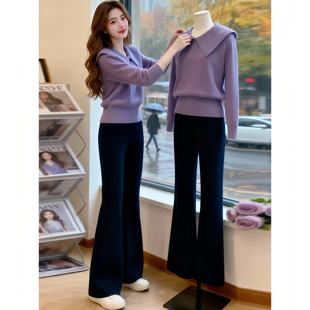 SHALLDOER  时尚紫色套装女秋冬季潮流百搭翻领上衣阔腿裤两件套