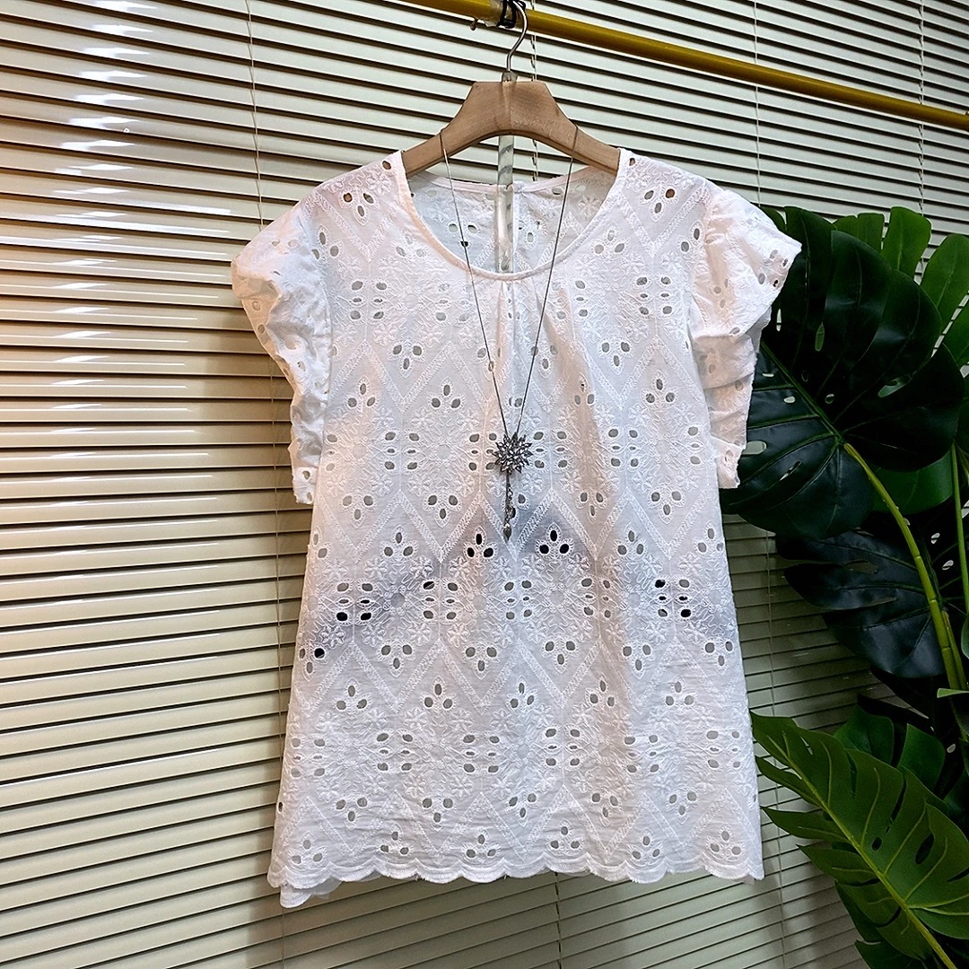 夏季新款大码女装时尚百搭纯色镂空飞飞袖衬衫