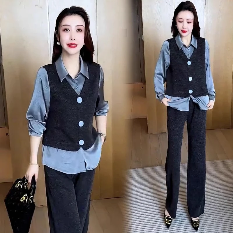 时尚休闲套装女2025春季新款洋气显瘦假两件拼接上衣阔腿裤两件套