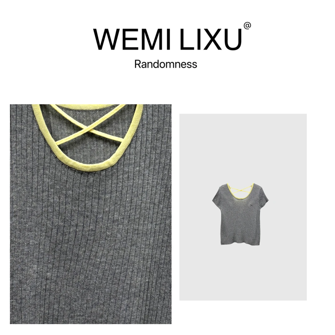 WEMI LIXU“碰撞色调”初夏时尚别致百搭U领女装修身短袖针织衫1081