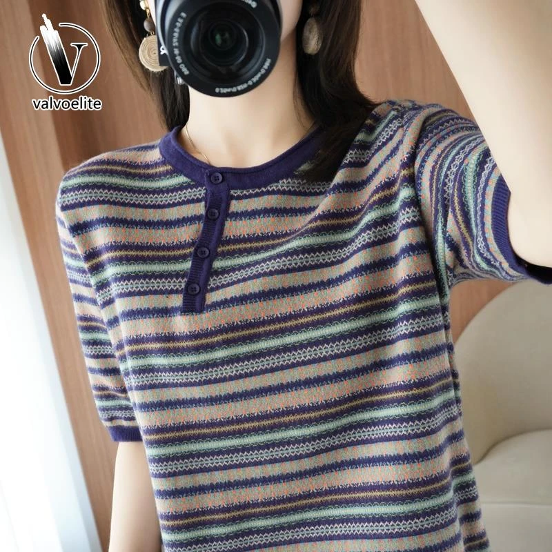 VALVOELITE拼色条纹短袖体恤女款夏季新款撞色针织宽松半袖上衣潮