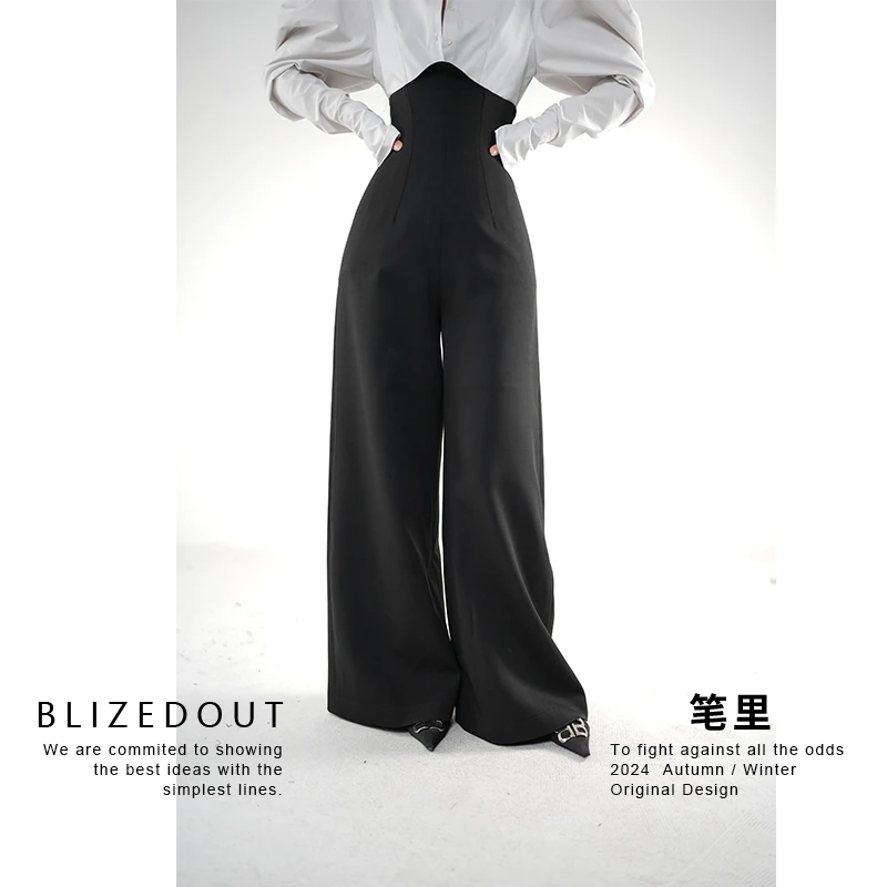笔里【BLIZEDOUT】独立设计5010404黑色超高腰显瘦收腰长款阔腿裤