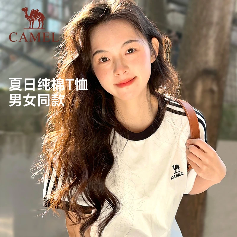 骆驼夏日T恤女纯棉短袖 2025春夏新款情侣宽松复古运动休闲上衣女