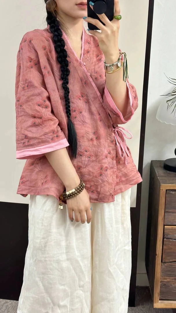 【风信子】复古国风苎麻斜襟系带印花衬衫小衫衣长64