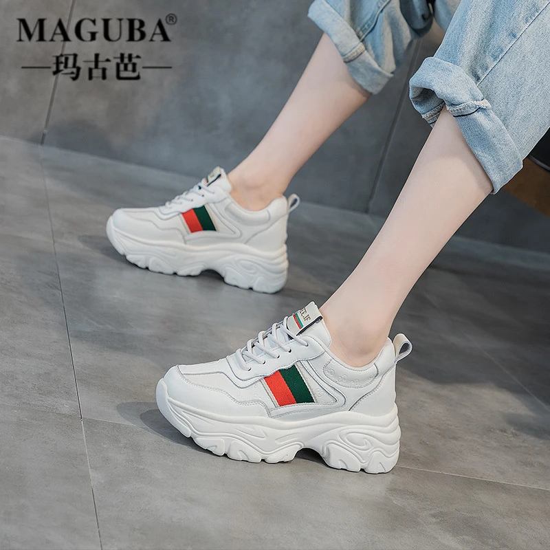 MAGUBA/玛古芭老爹鞋女款厚底内增高圆头韩版休闲百搭真皮运动鞋