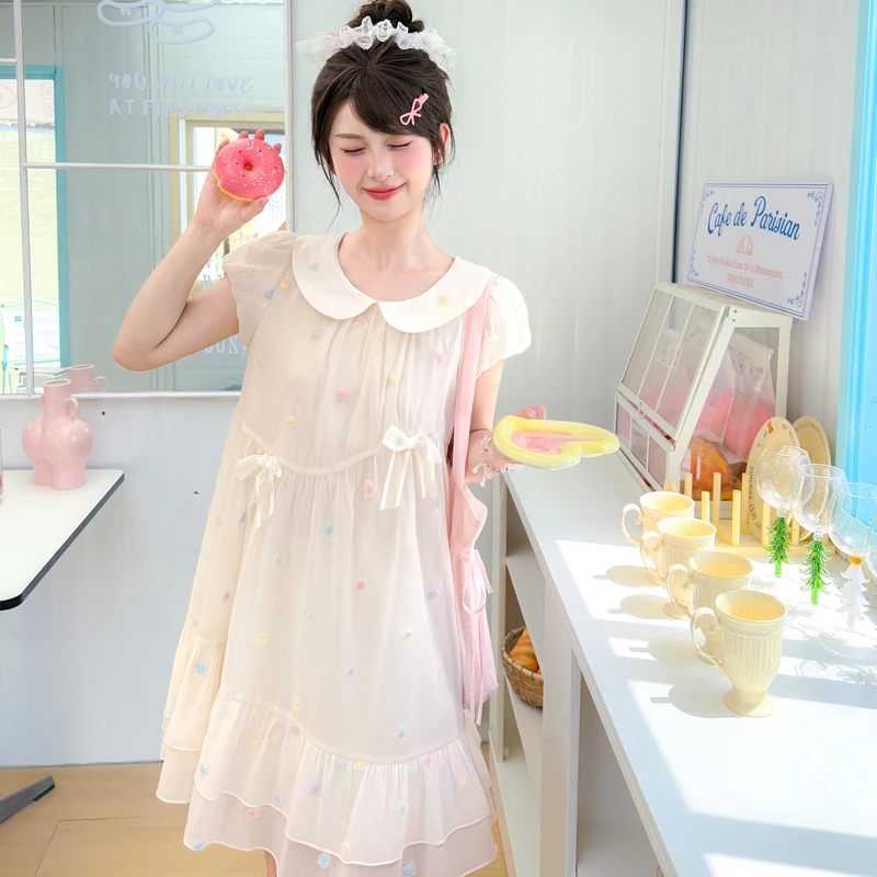 森女部落公主风气质甜美连衣裙女2025夏季新款娃娃领泡泡袖小个子