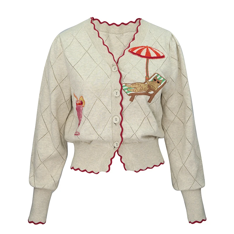 JUNGLE ME甜美减龄手工刺绣猫咪针织开衫外套春季设计师长袖