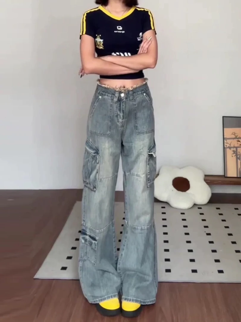 【有瑕疵 染色不均】【介意勿拍】毛边工装低腰牛仔裤