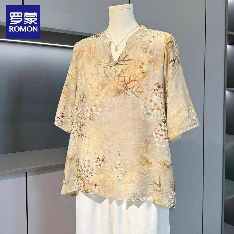 罗蒙中老年女夏装国风短袖T恤小衫50岁妈妈夏季时尚新中式衬衫