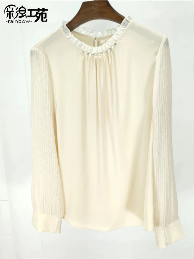 2024年夏季新款法式气质纯色立领钉珠网纱长袖雪纺衫女夏天款衬衫