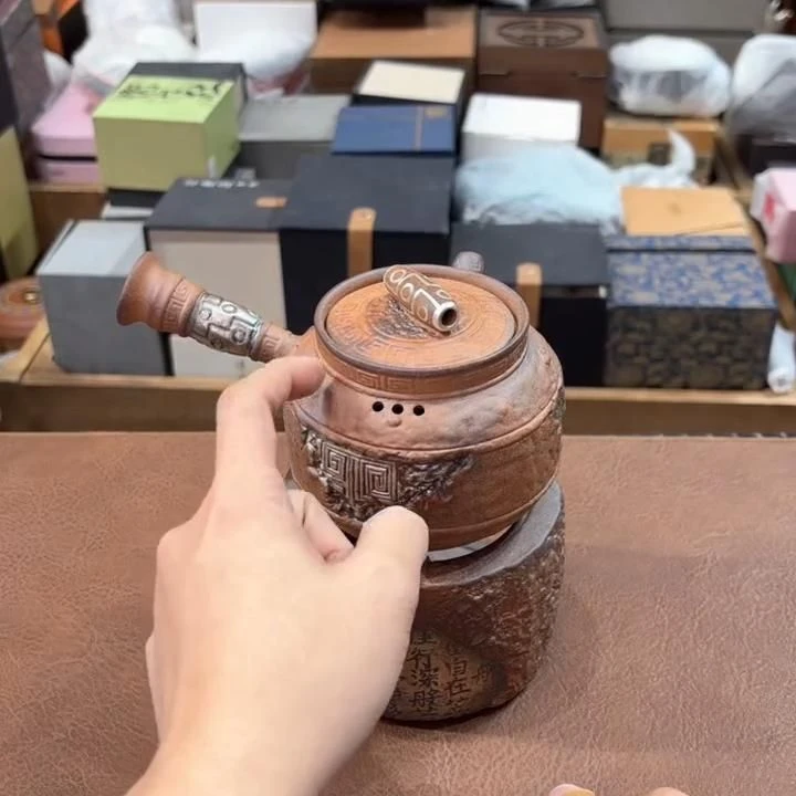 慢山老陶泥藏经侧把壶炉套组复古雕刻精美 GH1982+GH1983