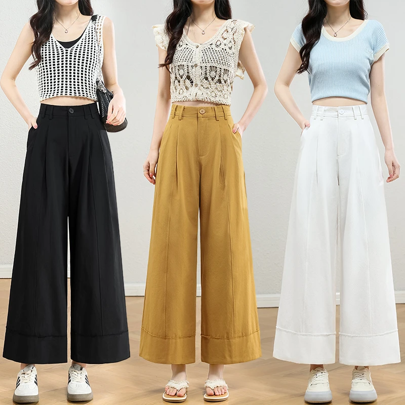100棉宽松阔腿裤夏季薄款高腰小个子设计感百搭直筒休闲八九分裤