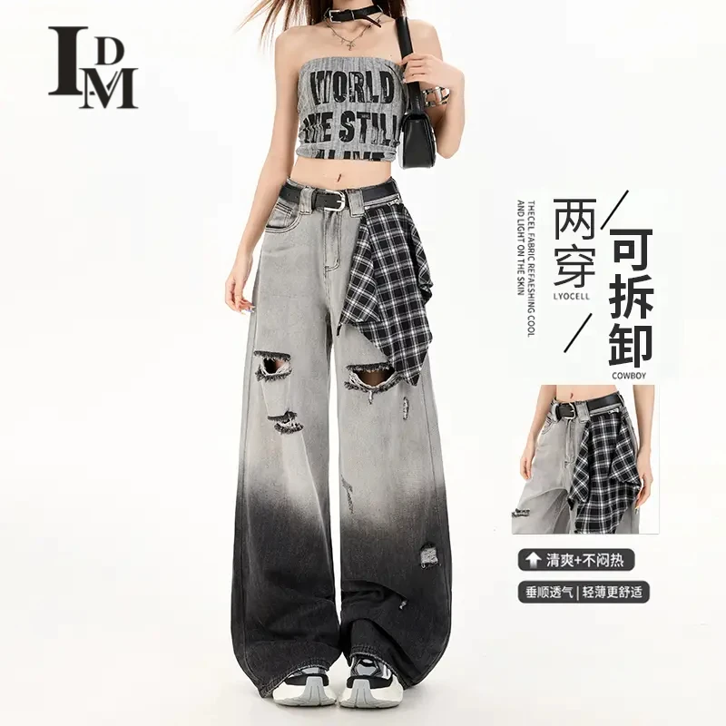 LDM/靓迪梦渐变破洞牛仔裤夏季薄拼接款格子丝巾美式复古阔腿裤子