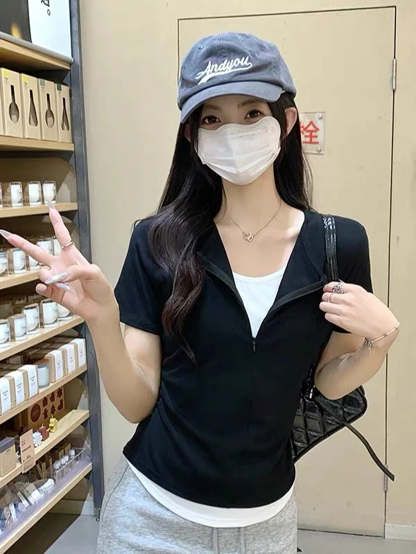 3号链接【301-350】新潮风拼色拉链修身T恤