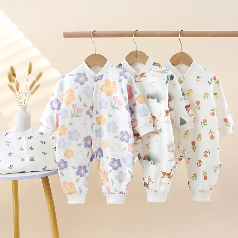 印花薄棉40g婴幼儿连体衣夹棉卡通哈衣秋冬保暖宝宝棉衣x