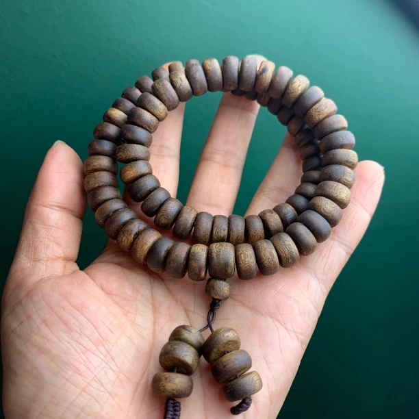 沉香32克1.2算盘珠双圈手串乌身原叶金沙叶绿奇楠沉香手串韵味足