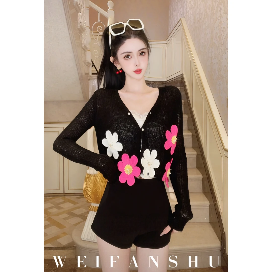 WEIFANSHU/魏凡舒【花语手信】早秋新款设计感花朵针织开衫百搭上衣