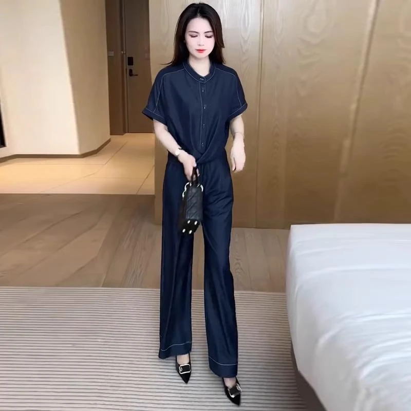 时尚套装女2025年夏季新款洋气设计感遮肚子显瘦短袖阔腿裤两件套