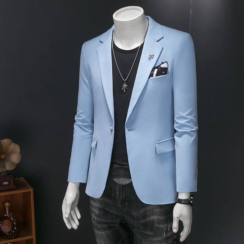 天蓝色小西装男春秋韩版修身外套高品质休闲西服上衣帅气潮流春秋