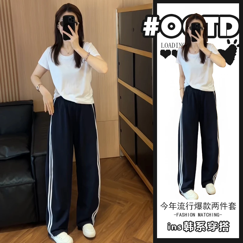 休闲穿搭一整套修身白色T恤美式时髦酷飒风条纹直筒休闲裤两件套