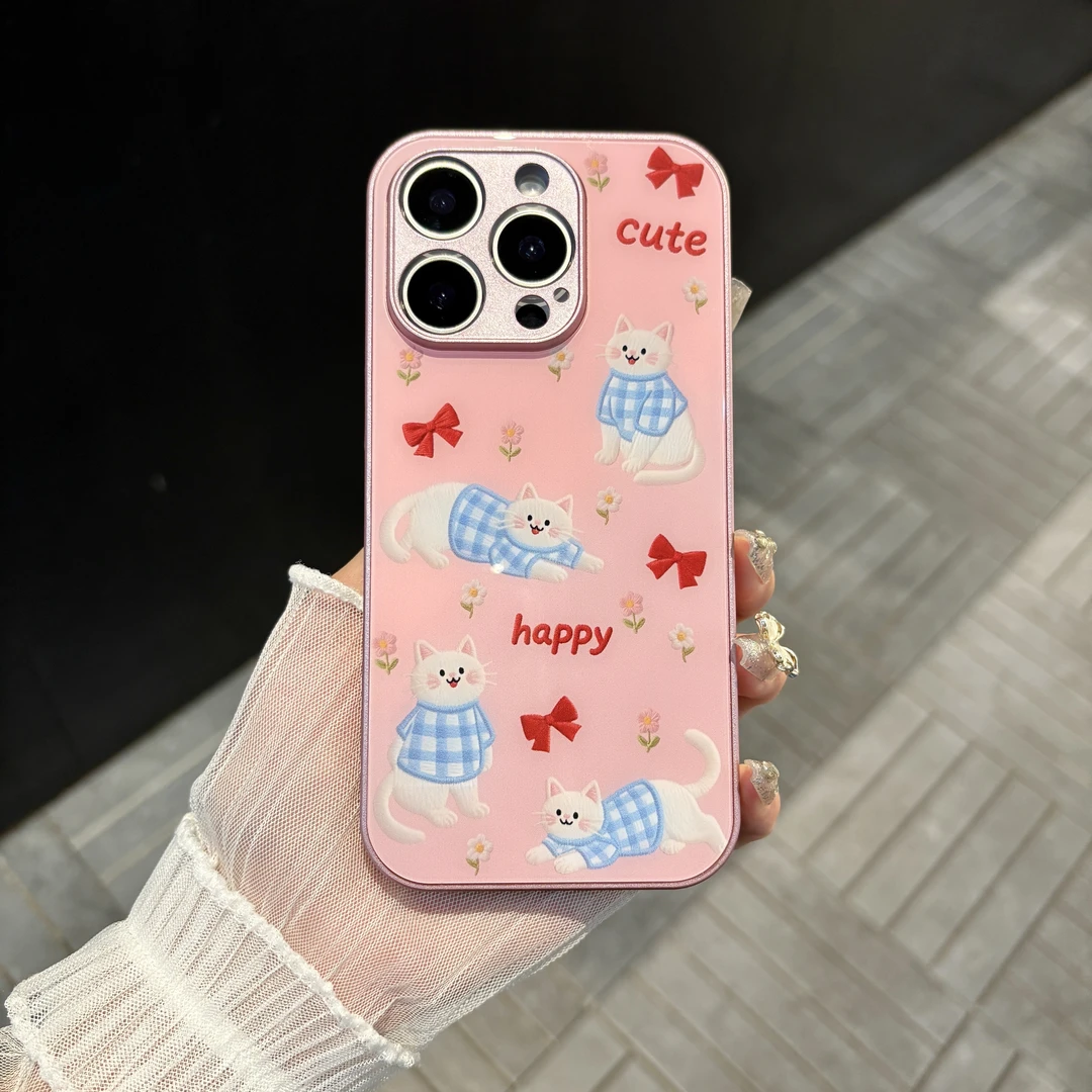 苹果/华为/oppo/vivo/小米 粉色花朵猫咪适用iPhone16玻璃手机壳