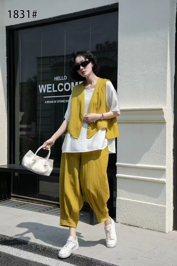 夏款文艺简约宽松百搭显瘦马甲半袖裤子三件套