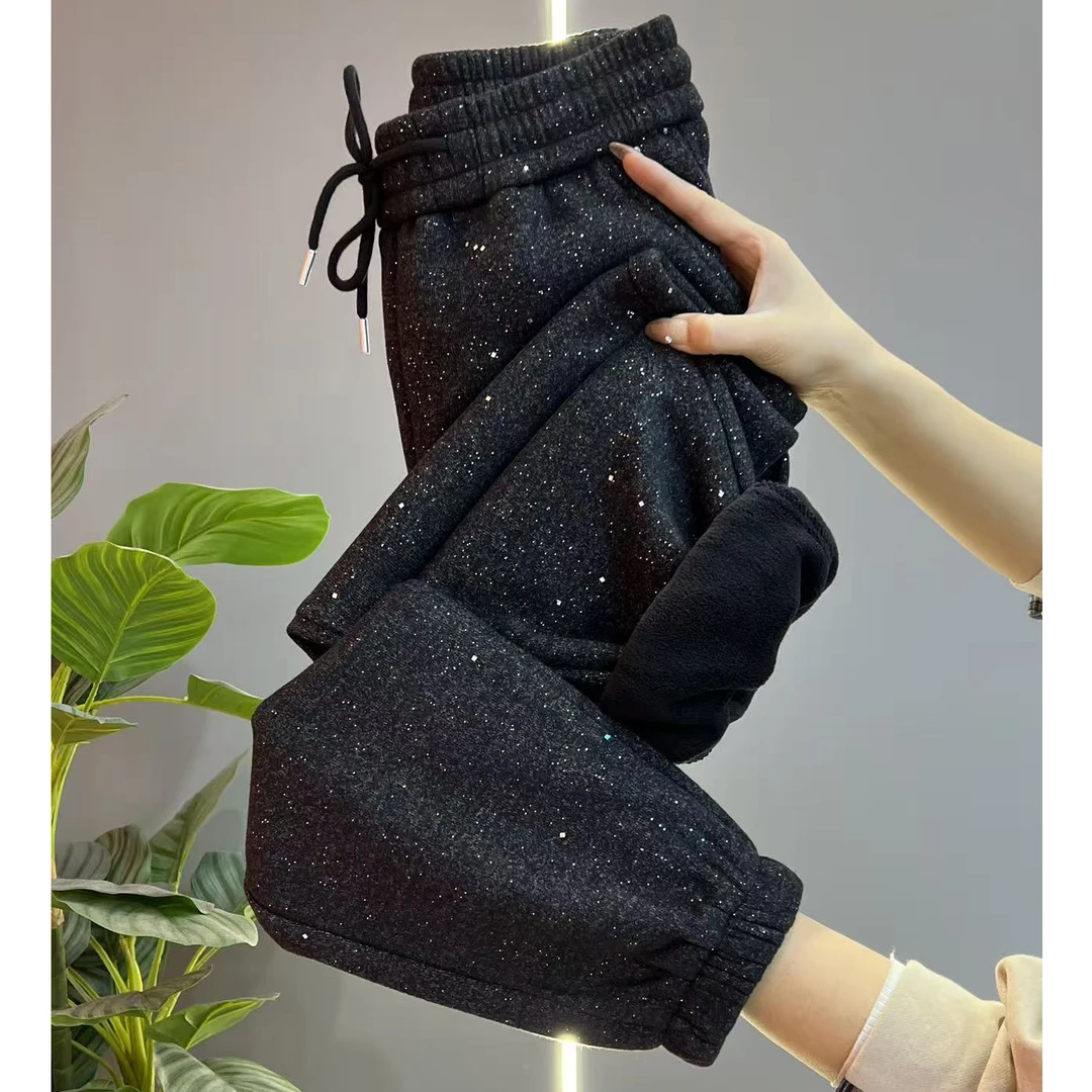 爆款繁星点缀加绒休闲裤女2025冬季后妈裤加厚奥利绒哈伦裤九分裤