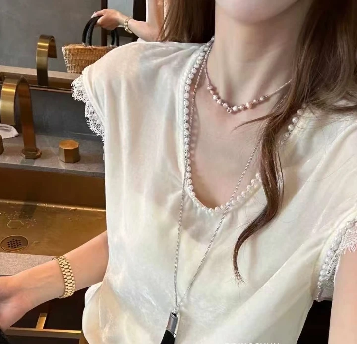 米古古UN #7865#福 法式鹅蛋领气质钉珠蕾丝拼接上衣（衣长64）