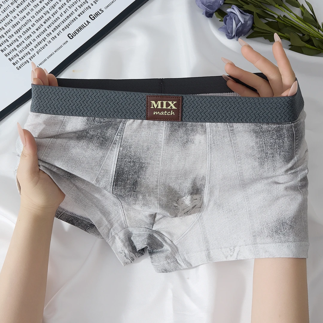 男士内裤纯棉平角牛仔印花柔软透气中腰复古潮流内裤男青年中学生