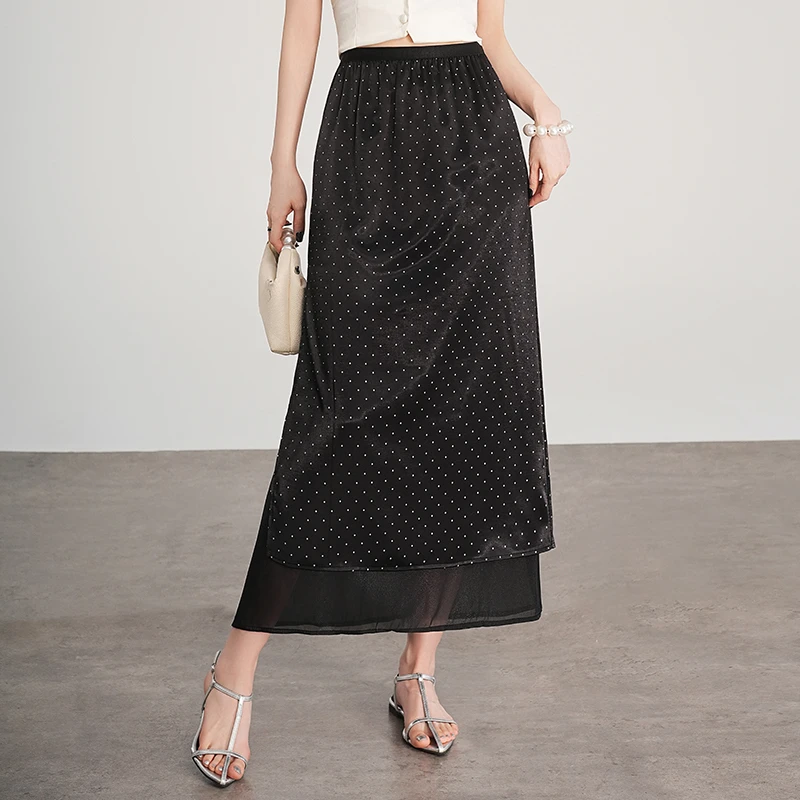 黑色蕾丝拼接波点半身裙女夏高腰显瘦气质开叉满天星亮钻缎面长裙