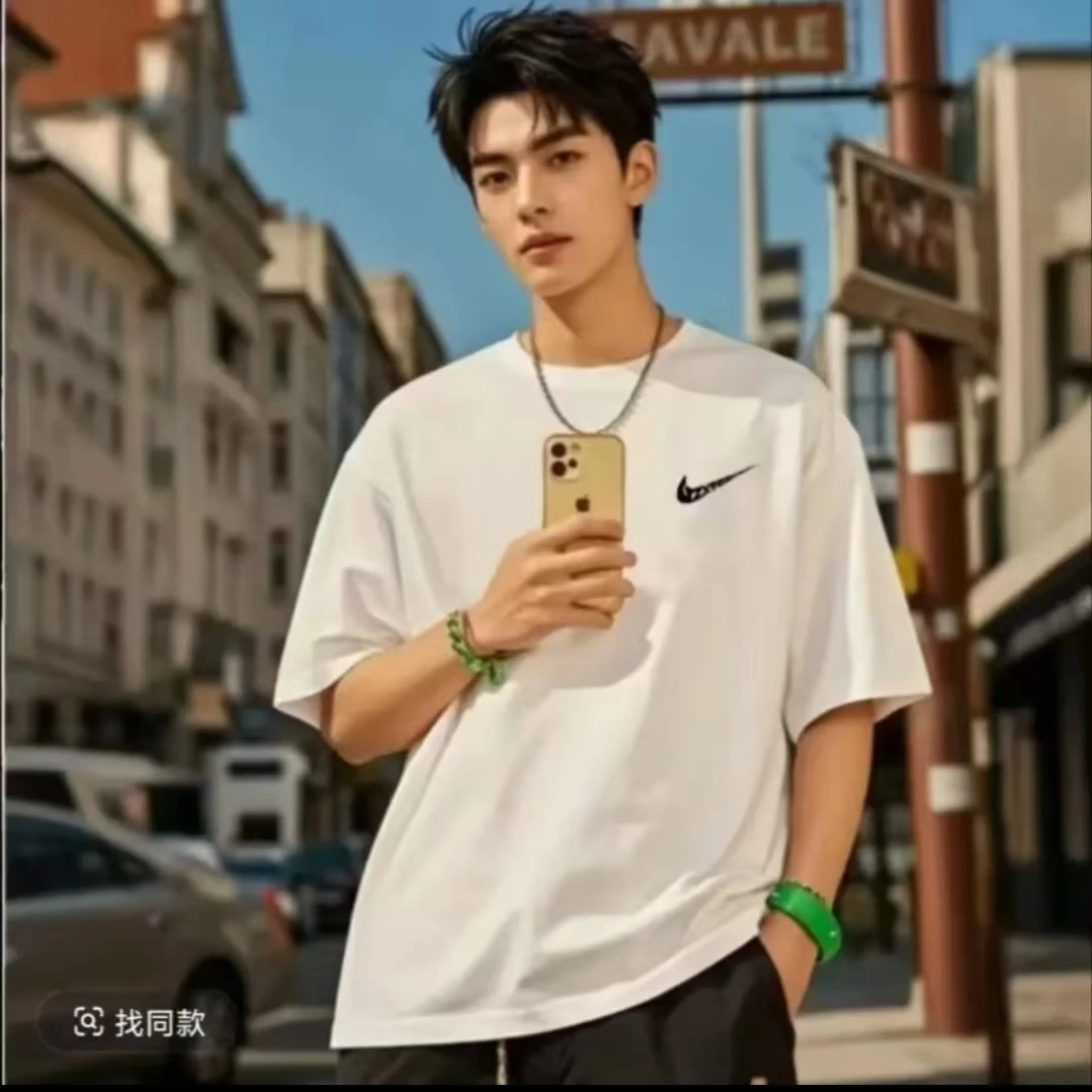 夏季短袖圆领纯棉男士T恤宽松白色印花ins百搭夏款情侣休闲透气