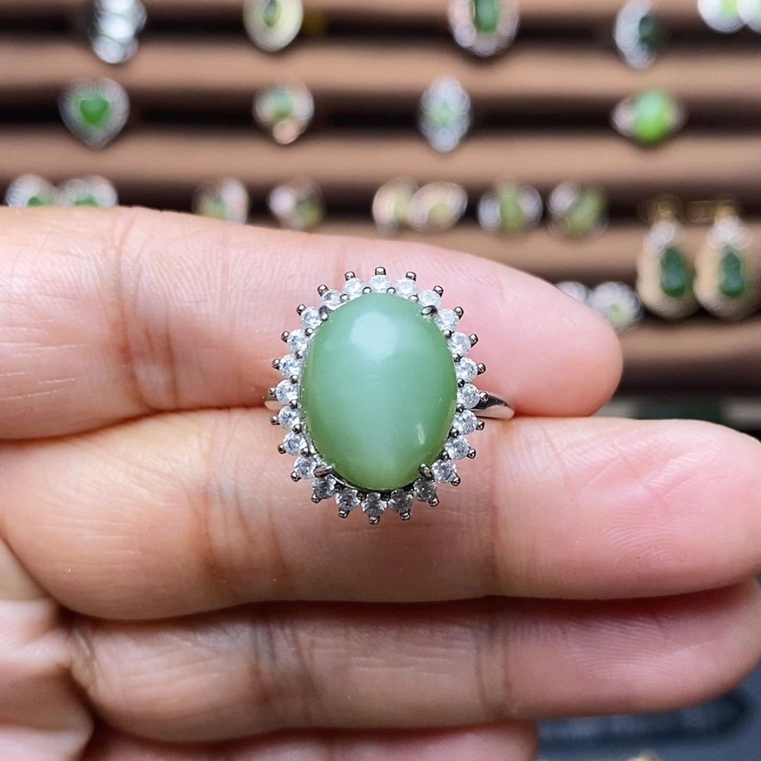 吊坠(不含链)银S925镶嵌和田玉（碧玉）戒指