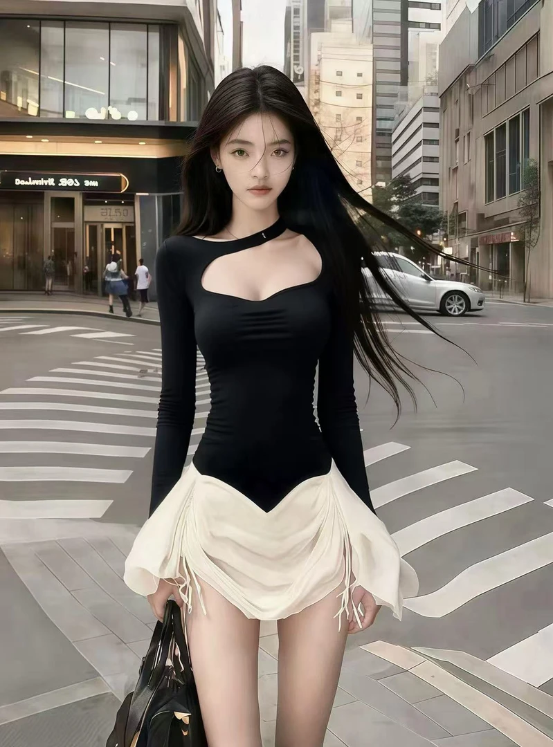 韩版时尚静奢纯欲辣妹风撞色不规则领修身长袖收腰氛围感连衣裙女