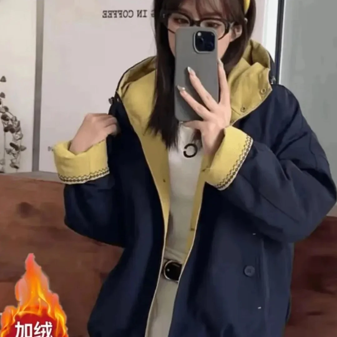 (加绒加厚)款纯色连帽冬季派克服拼接百搭网红女士大衣