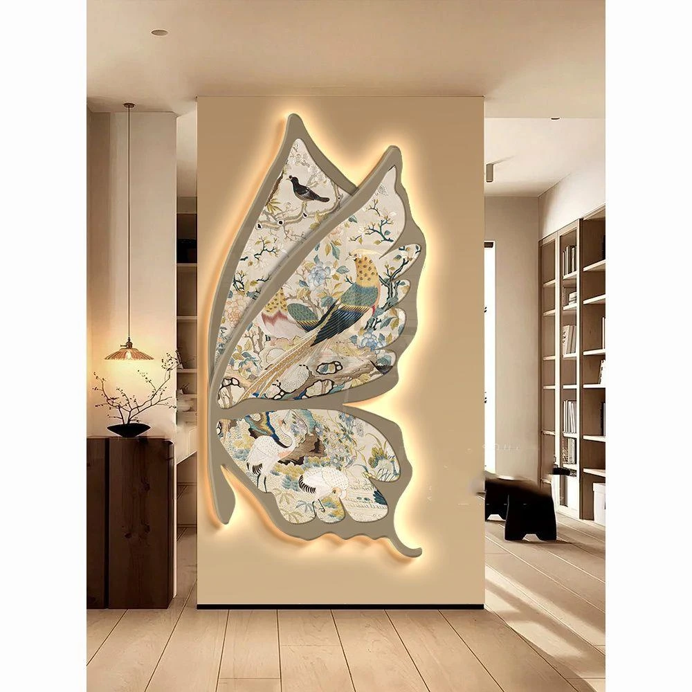 中古风蝴蝶玄关装饰画入户正对门走廊尽头挂画复古新中式壁画灯画
