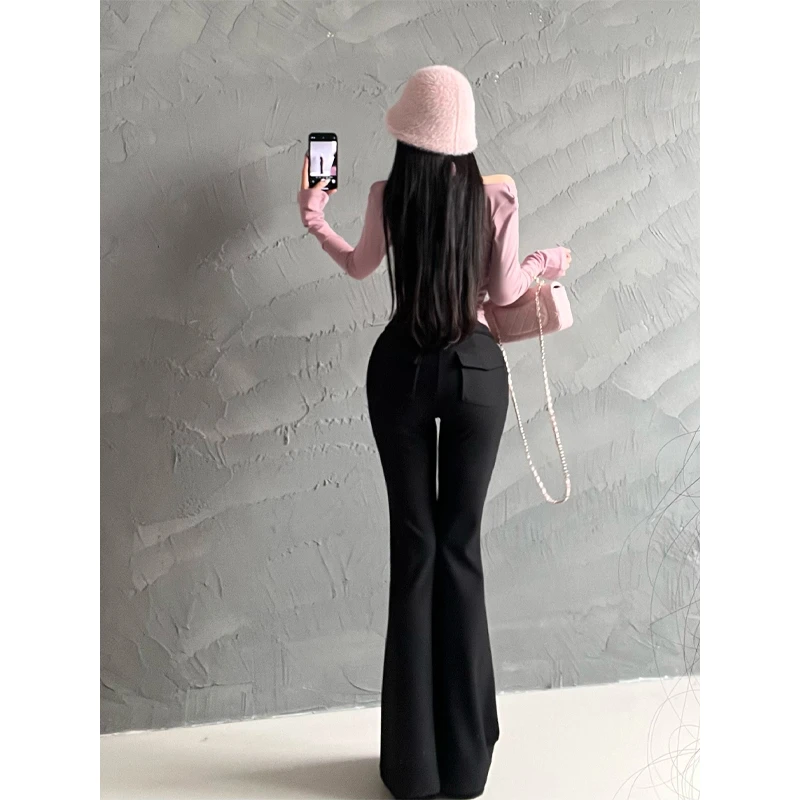 Y3023撩精陷阱设计感高腰修身微喇叭裤紧身提臀大长裤休闲长裤