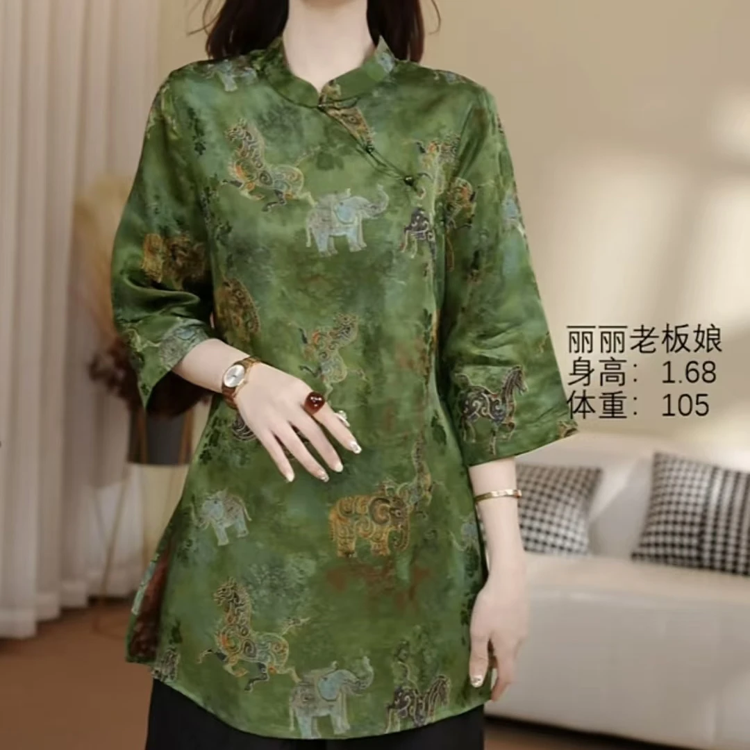 306#2025新款上衣短袖中国风复古立领花纹提花薄款唐装中长款气质